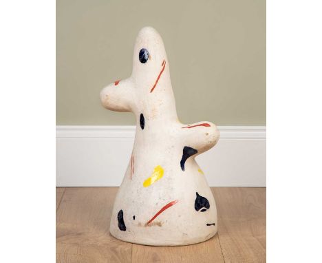 An abstract ceramic sculpture, with splashes of coloured glaze in blues, yellows and red, approximately 23cm wide, 47cm highS