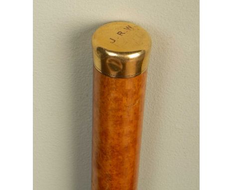 An 18th century gold topped walking cane by Brigg, London, hallmarked, monogram engraved to the top 'J. R. W.', 94cm longDent