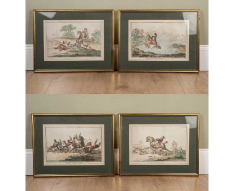 A set of four humorous hand coloured hunting prints after James Gillray; 'Hounds Throwing-Off'; 'Hounds In Full-Cry'; 'Hounds