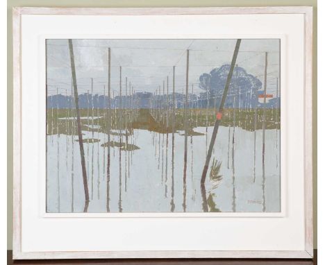 David Llewellyn Treacher (20th/21st century English school),'Hop Garden Under Flood', acrylic on board, signed lower right, 3