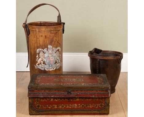 A leather fire bucket with brass rivets, stamped 'Made in England' beneath, 25cm diameter; an antique oriental brass bound bo