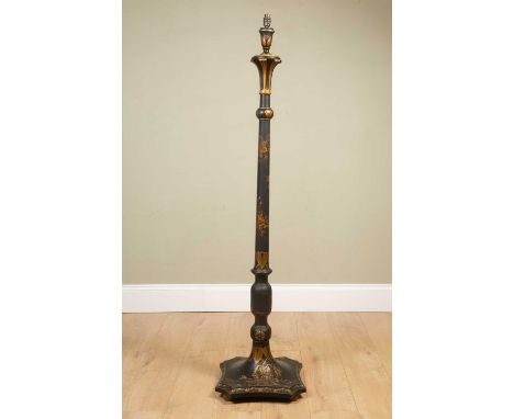 An early 20th century chinoiserie decorated lamp standard, with turned column and waisted square base, 39cm wide at the base,