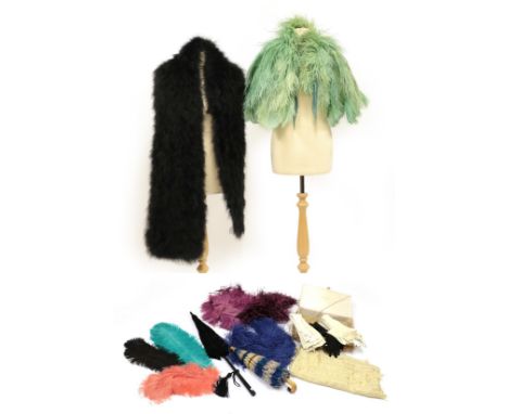 Assorted Early 20th Century Ladies' Costume Accessories, comprising a pale green ostrich feather capelet on green chiffon, an