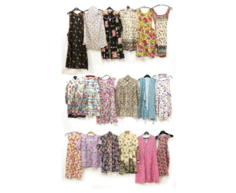 Eighteen Assorted Circa 1930's-1950's Printed Cotton Aprons and Housecoats, including a Conquestor glazed cotton lilac ground
