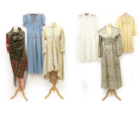 Six Items of Early 20th Century Ladies' Costume, comprising a circa 1930's pale blue evening dress with short sleeves, patch 