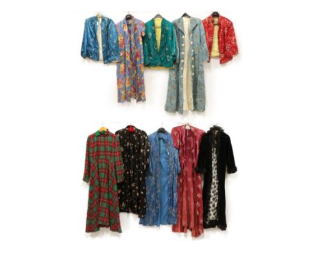 Ten Assorted Circa 1930's and Later Brocade Jackets and Robes, comprising a red silk brocade jacket with yellow silk lining a
