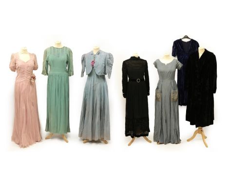 Seven Items of Circa 1930's-1940's Ladies' Evening Wear, comprising a pale blue sleeveless full length evening dress with spa