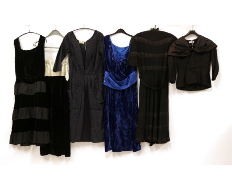 Six Items of Circa 1950's-1960's Ladies' Evening Wear, comprising a navy blue silk cocktail dress by Richards Cole, with 3/4 