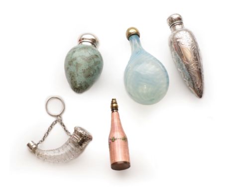 Five Assorted Scent Bottles, including a Victorian silver teardrop shaped bottle with hinged silver cover and cut glass stopp