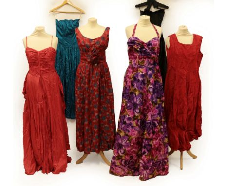 Six Circa 1950's Evening Dresses, comprising a Susan Small Model black silk taffeta halter neck dress with draped full skirt;