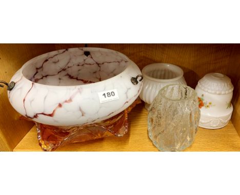 A marbled glass lamp shade and five other glass items.