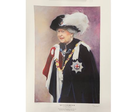 An unframed pencil signed limited edition 129/1000 portrait print of H.M Queen Elizabeth II by Alistair Barthard, 42cm x 59cm