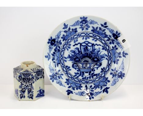 An 18th / 19th century European tin glazed plate and a tin glazed tea caddy, dia. 23cm.