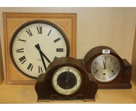 Two mid-20th century mantel clocks and a pine framed wall clock with battery movement.