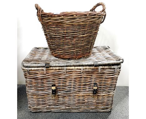 A vintage cane laundry basket, 75 x 46x 46cm. together with a further basket.