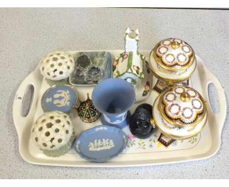 A pair of Royal Worcester posy holders, Coalport cottage, Wedgwood plus other china and glass