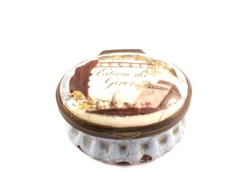 An early enamel patch box, marked Esteem The Giver (chipped base)