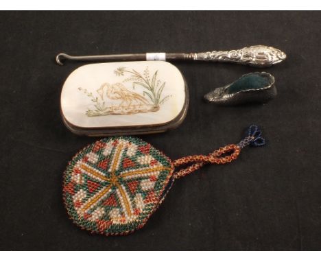A white metal shoe pin cushion, mother of pearl purse, bead work watch holder plus a silver button hook