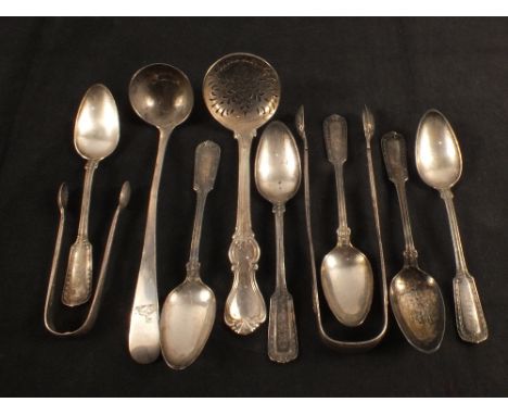 A Victorian silver ladle, sifter spoon and tongs together with a set of six teaspoons, marked Sterling