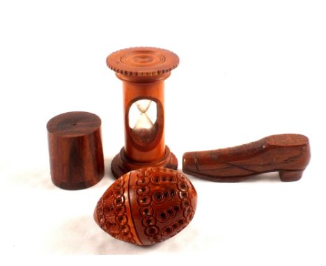 H.M.S.M. Victory wooden shoe, treen box with two inside, carved coquilla nut and an egg timer hour glass