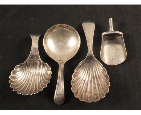 Four silver caddy spoons, all Georgian, one by Hester Bateman (two are damaged)