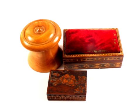 A Tunbridge pin cushion, Black Forest stamp box plus a trick opening treen box