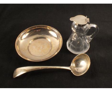 A silver ladle, dish and a silver mounted whisky noggin