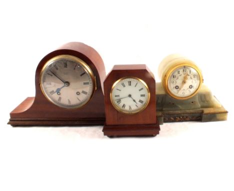 A mahogany striking mantel clock marked J.A.Haskell, Ipswich plus green marble and Edwardian inlaid mahogany clocks