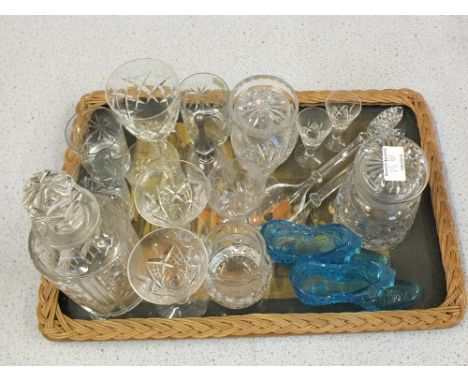 A cut glass decanter, glasses plus other cut glass and a pair of blue glass shoes (two trays)