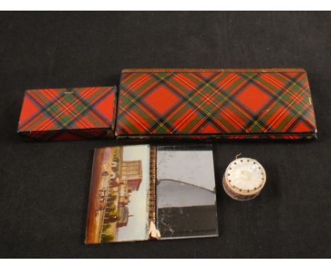 A tartan needle case holder, tartan stamp box, mother of pearl pin cushion plus another needlecase