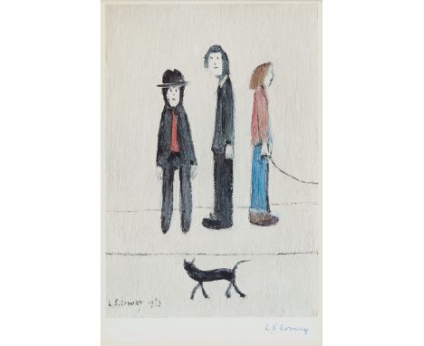 Laurence Stephen Lowry RBA RA,British 1887-1976, Three Men and a Cat, 1971; offset lithograph in colours on wove,signed in pe