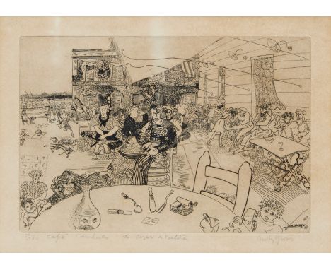 Anthony Gross CBE RA,&nbsp;British 1905-1984,&nbsp;Caf&eacute; Cambrils, 1933;etching on paper,&nbsp;signed, titled, inscribe