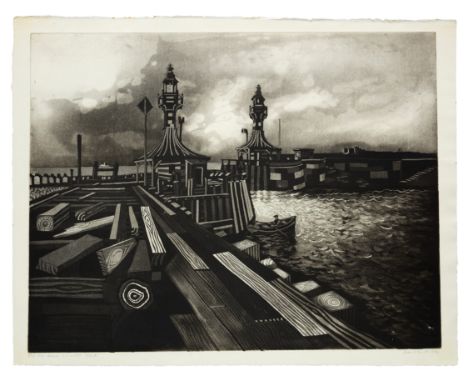 David T. Smith RE,&nbsp;British 1920-1999,&nbsp;Old Pier Head Lowestoft, 1974;&nbsp;etching with aquatint on wove,&nbsp;signe