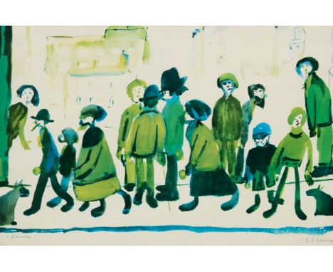 Laurence Stephen Lowry RBA RA,  British 1887-1976,People Standing About (green/blue);offset lithograph in colours on wove,  s