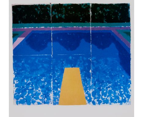 David Hockney OM CH RA, British b. 1937-Paper pools, 1978;pressed color pulp print on paper, a rare preview announcement prin