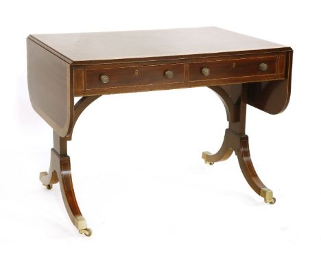 A reproduction strung and crossbanded mahogany sofa table, 96cm wide minimum, 66cm deep 71cm high