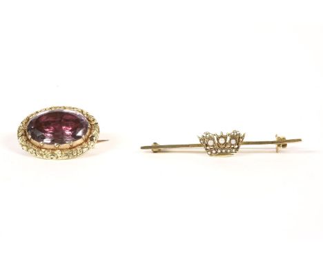 A split pearl navel crown bar brooch, marked 9ct, 2.68g, and a Victorian gold cased purple foil backed quartz brooch set in a