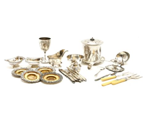 A collection of silver plated wares, a biscuit barrel, a cup, a Sheffield plated chamber stick, ladle, toasting forks etc (Qt