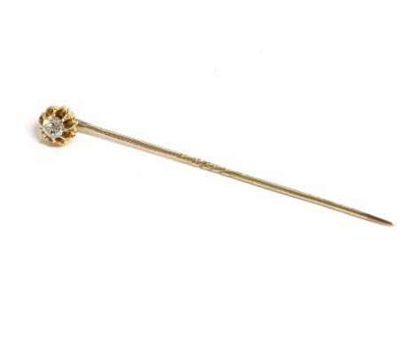 A late Victorian gold single stone diamond stick pin, detachable claw head (tested as approximately 14ct, 2.07g