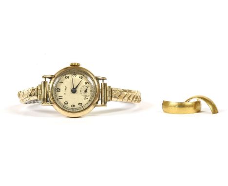 A ladies gold Rotary mechanical watch, with Arabic numerals and subsidiary dial, 18.38g, and a wedding ring (split in two), h