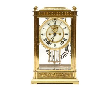 A late 19th century American four glass mantel clock, with visible escapement and simulated mercury pendulum, by Ansonia, 26.