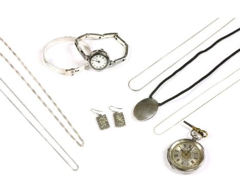 A collection of silver jewellery, to include a silver christening bangle, with engraved decoration and applied gold flower mo