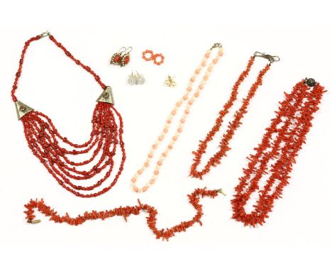 A collection of coral jewellery, to include a two row coral twig necklace, two single row twig necklaces, a multi strand cora