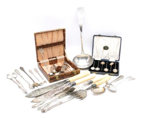 A collection of various silver flatware, to include a cased set of coffee spoons, together with a small collection of decorat
