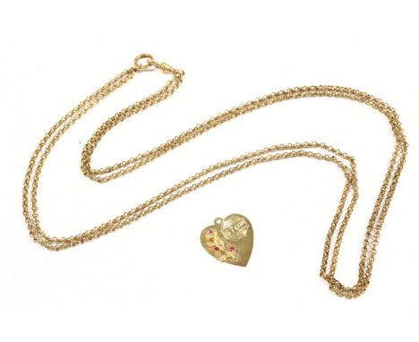 An American gold heart shaped pendant, with engraved hexagonal section and applied raised synthetic ruby set rose, marked 14k