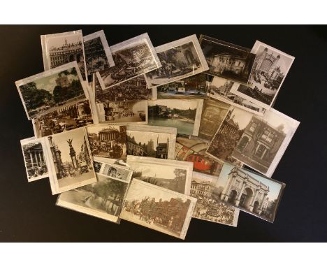 Thirty various postcards, to include London suburbs, transport, shop fronts, etc, and three Royal Doulton figures, including 