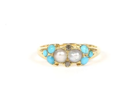 A gold rose cut diamond, split pearl and turquoise cluster ring, a vacant locket verso, size N, 2.14g