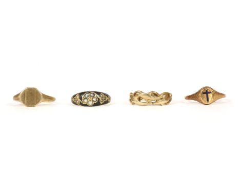 Four assorted rings, to include a ladies 9ct gold signet ring, 2.64g, a gold memorial signet ring with blue enamel cross, 2.6