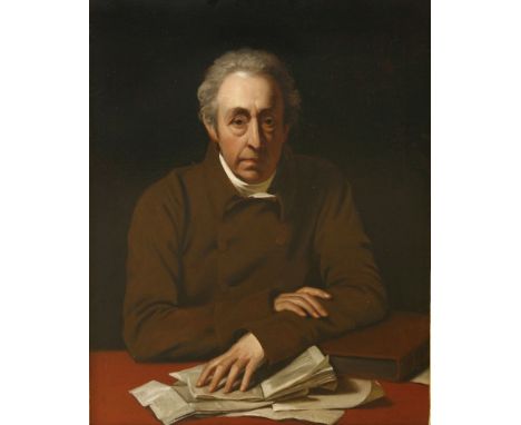 English School, c.1800PORTRAIT OF A GENTLEMAN, HALF LENGTH SEATED, IN A BROWN COAT, HIS HAND RESTING ON AN OPEN BOOK AND PAPE