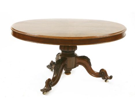 A Victorian mahogany breakfast table, the circular top on fluted central column on outswept tripod base and leaf carved detai